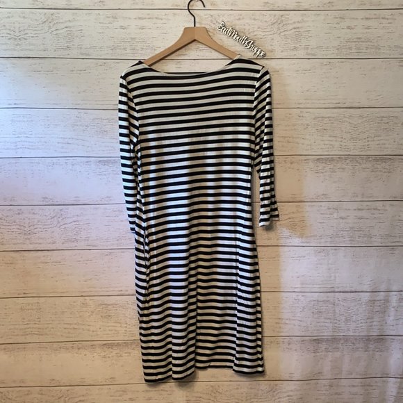 Old Navy Black White Stripe Jersey Knit Stretch Cotton Midi Dress with Pockets - Picture 9 of 12